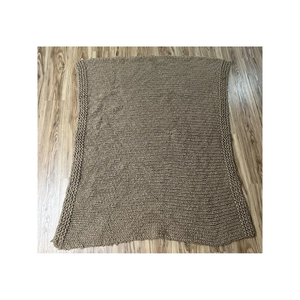 West Elm Throw Blanket Camel Tan Chunky Knit Wool Blend 50x60